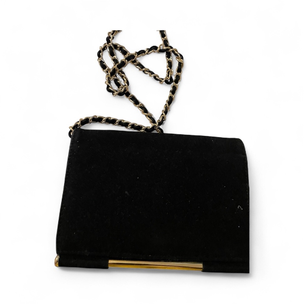Vintage Elka Black Faux Suede Crossbody Bag with Gold Hardware and Braid 4453294